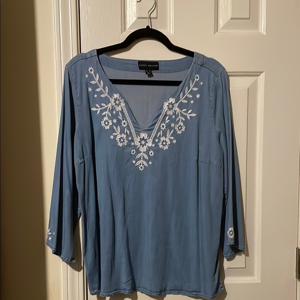 Susan Graver Blue Embellished 3/4 Sleeve Blouse